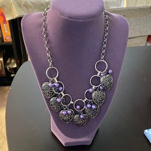 Vintage Silver Tone Weighted Heart and Lavender Beaded Necklace